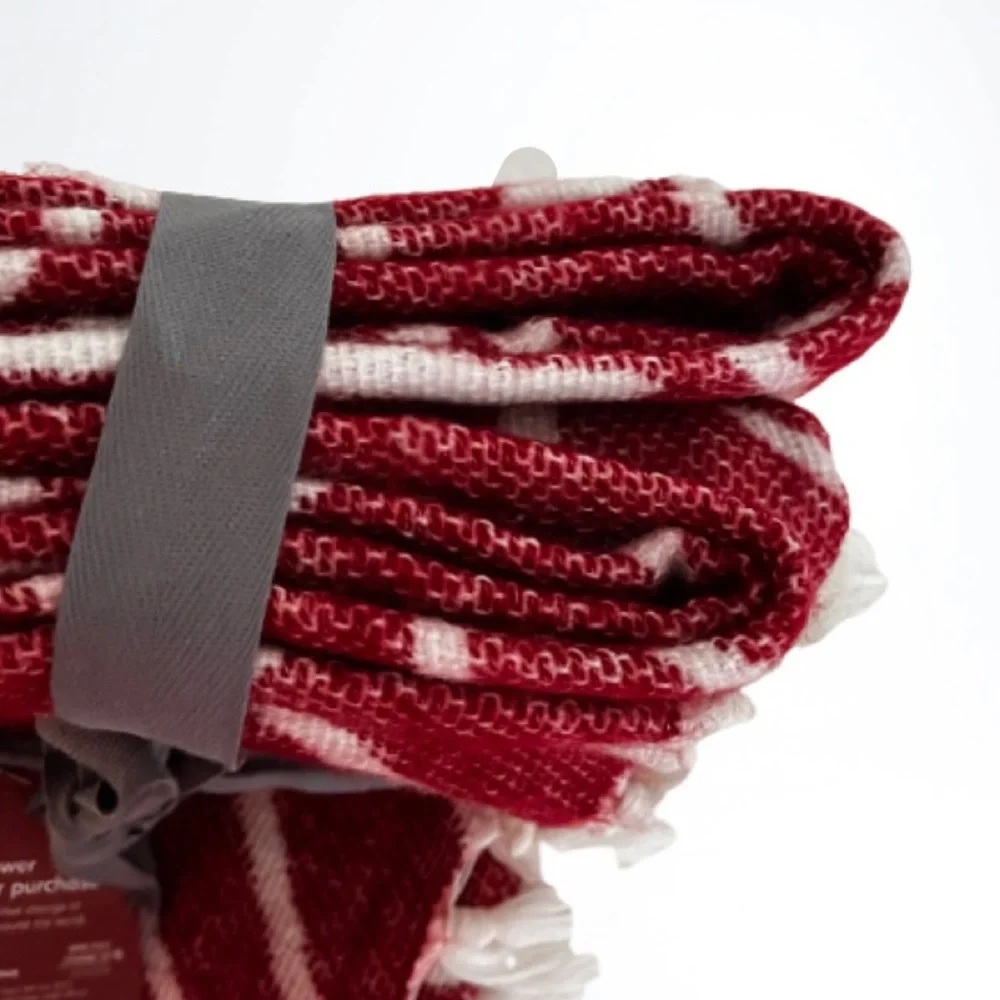 West Elm Red & White Line Pattern Fringe Knit Throw Blanket Size 50” x 60”